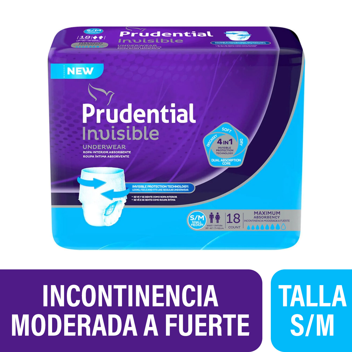 Prudential Invisible Pañales Para Adulto Talla S/M x 18 Unidades