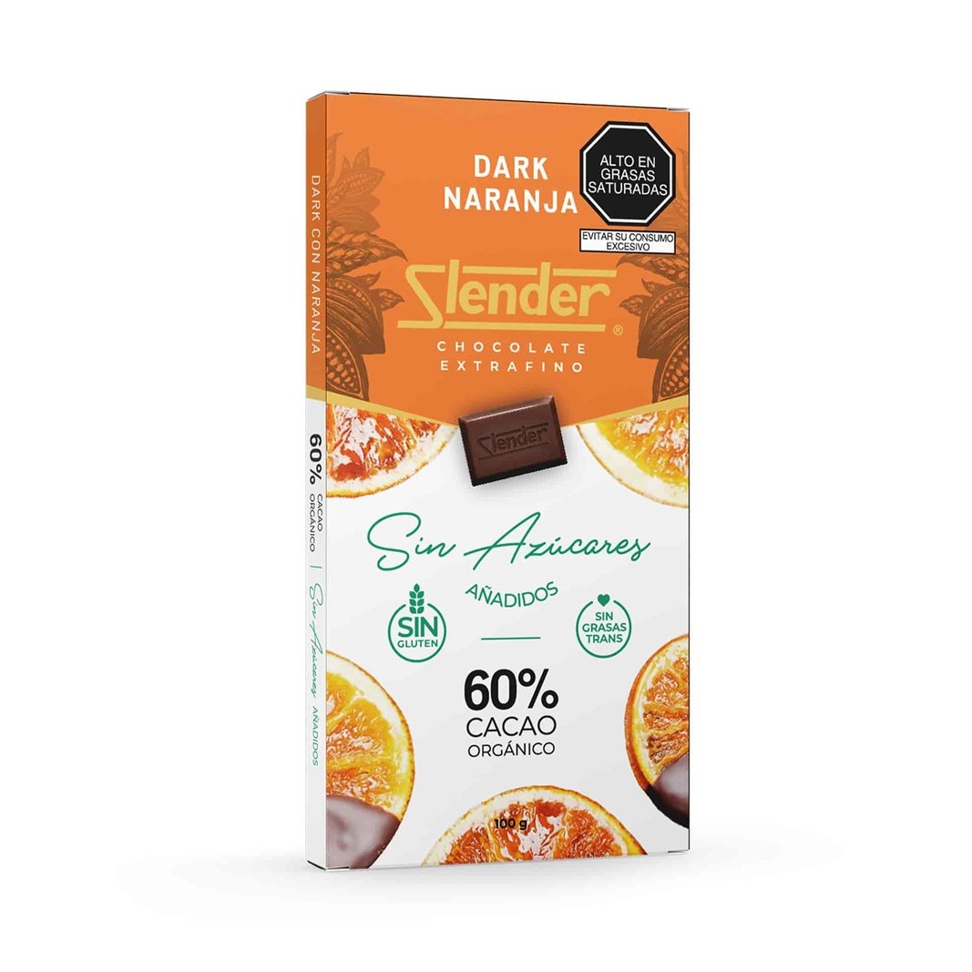 Chocolate Dark Naranja Sin Azucar 60 % Cacao Orgánico Slender Tableta 100 g