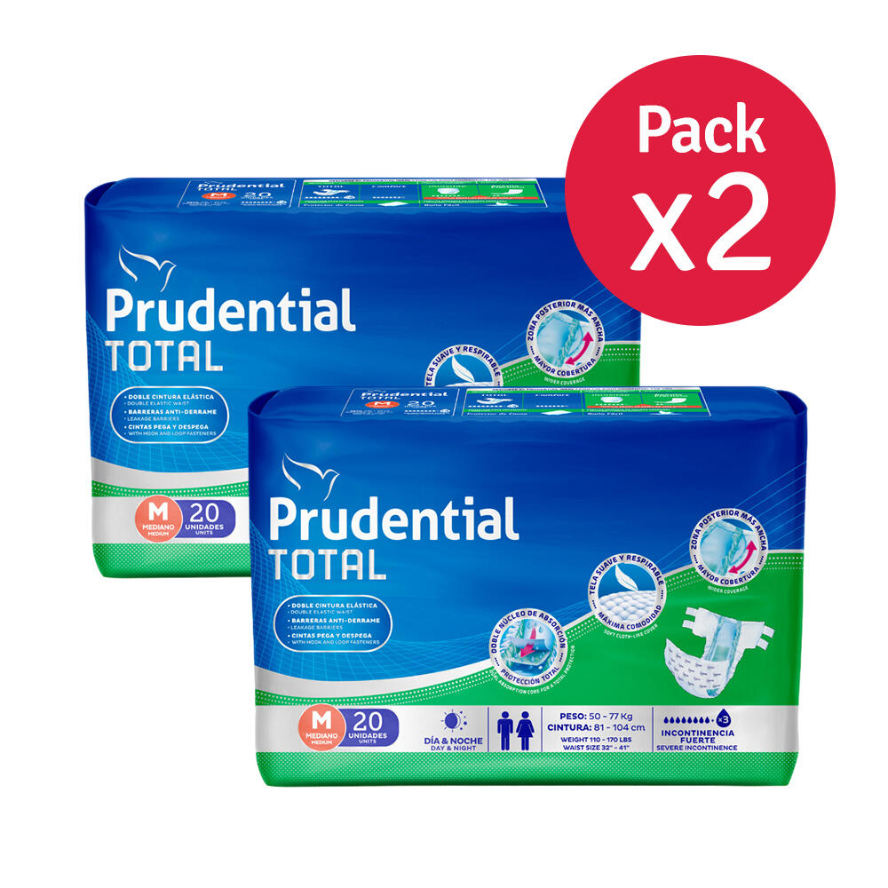 Pack x 2 Prudential Total Pañales Para Adulto Talla M x 20 Unidades c/u