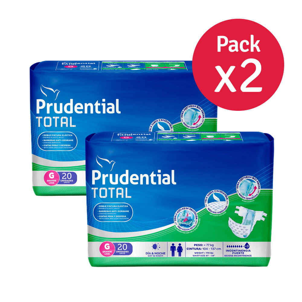 Pack x 2 Prudential Total Pañales Para Adulto Talla G x 20 Unidades c/u